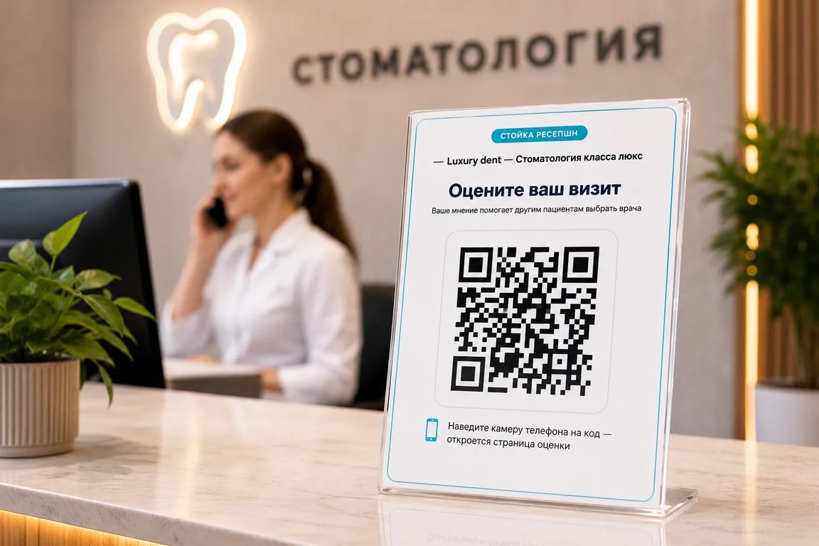 QR-тейбл-тент «Оцените ваш визит» на стойке ресепшн стоматологической клиники