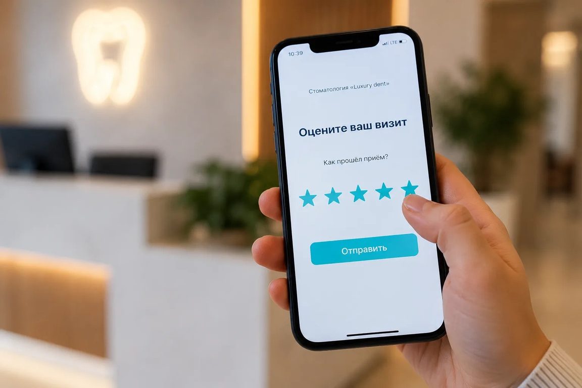 Пациент оценивает визит на смартфоне: страница оценки стоматологии с пятью звёздами и кнопкой «Отправить»